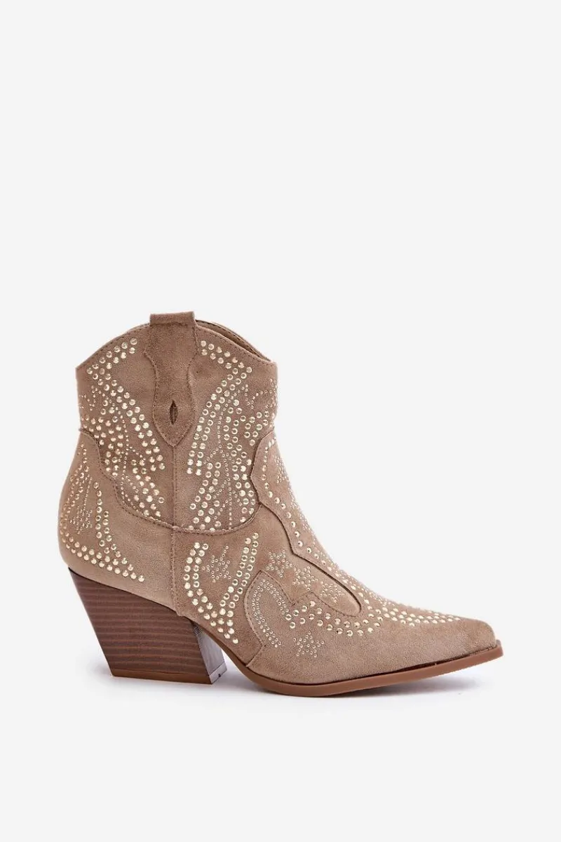 Outlet Zdobione Botki Kowbojki Na Obcasie Beżowe Kaivina Damskie Botki Na Słupku|Brązowe I Beżowe Botki