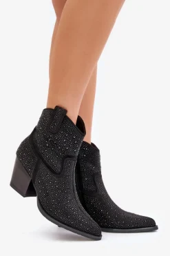 Best Damskie buty S.Barski Zdobione Botki Kowbojki Na Obcasie Z Noskami W Szpic S.Barski HY42-121 Czarne