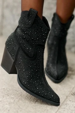 Best Damskie buty S.Barski Zdobione Botki Kowbojki Na Obcasie Z Noskami W Szpic S.Barski HY42-121 Czarne