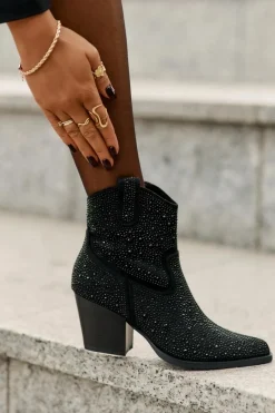 Best Damskie buty S.Barski Zdobione Botki Kowbojki Na Obcasie Z Noskami W Szpic S.Barski HY42-121 Czarne