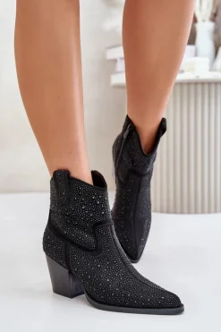 Best Damskie buty S.Barski Zdobione Botki Kowbojki Na Obcasie Z Noskami W Szpic S.Barski HY42-121 Czarne