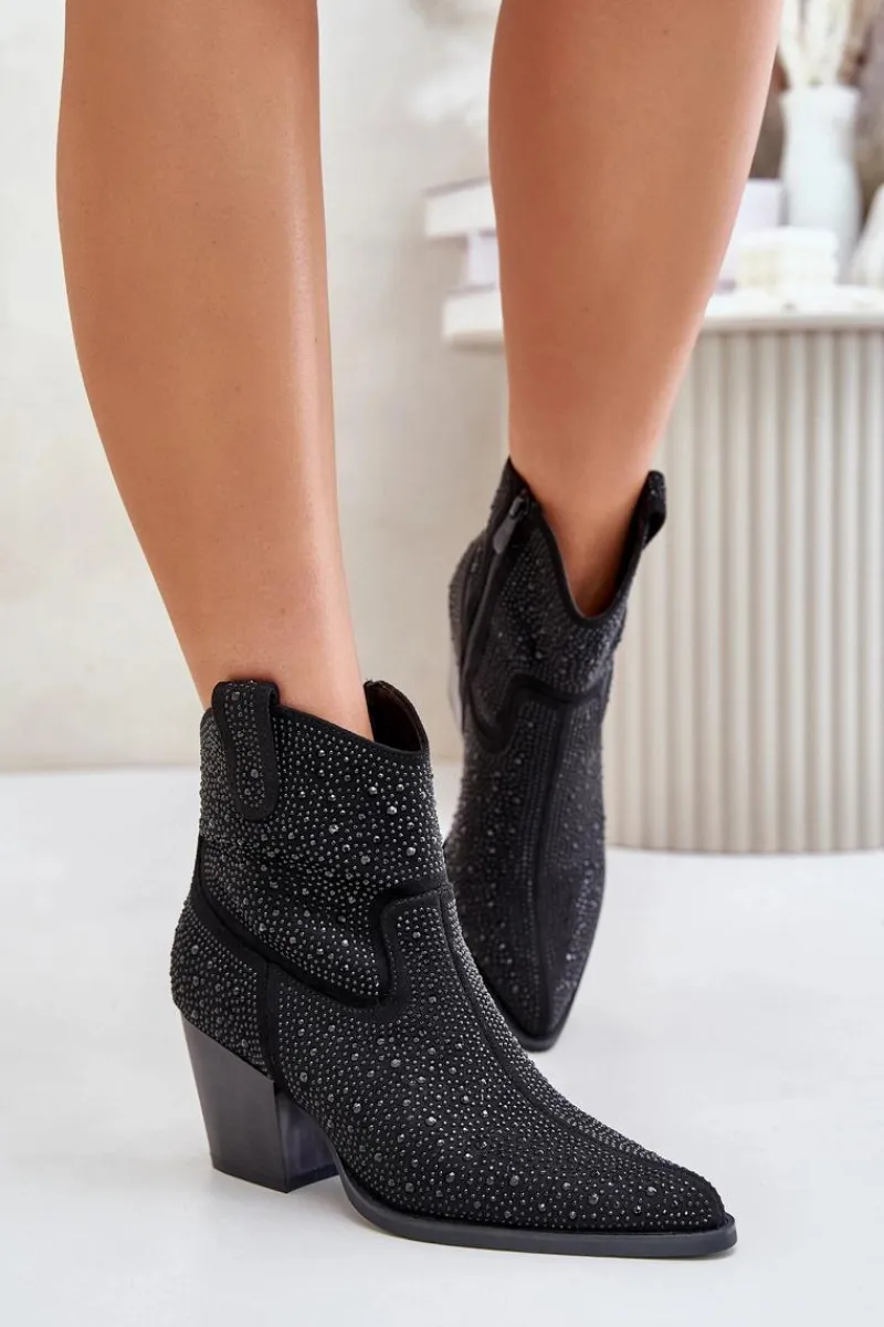 Best Damskie buty S.Barski Zdobione Botki Kowbojki Na Obcasie Z Noskami W Szpic S.Barski HY42-121 Czarne
