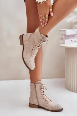 Online Zdobione Botki Na Płaskim Obcasie Eko Zamszowe Ocieplane Jasnobeżowe Ellieo Damskie Botki Ocieplane|Botki Sznurowane