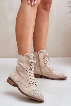 Online Zdobione Botki Na Płaskim Obcasie Eko Zamszowe Ocieplane Jasnobeżowe Ellieo Damskie Botki Ocieplane|Botki Sznurowane