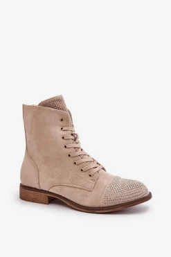 Online Zdobione Botki Na Płaskim Obcasie Eko Zamszowe Ocieplane Jasnobeżowe Ellieo Damskie Botki Ocieplane|Botki Sznurowane