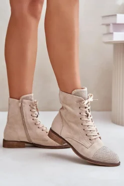 Online Zdobione Botki Na Płaskim Obcasie Eko Zamszowe Ocieplane Jasnobeżowe Ellieo Damskie Botki Ocieplane|Botki Sznurowane