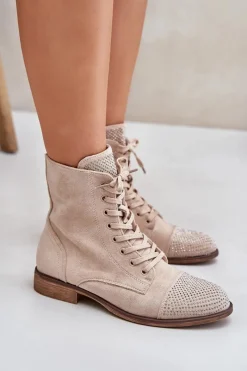 Online Zdobione Botki Na Płaskim Obcasie Eko Zamszowe Ocieplane Jasnobeżowe Ellieo Damskie Botki Ocieplane|Botki Sznurowane