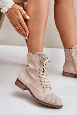 Online Zdobione Botki Na Płaskim Obcasie Eko Zamszowe Ocieplane Jasnobeżowe Ellieo Damskie Botki Ocieplane|Botki Sznurowane