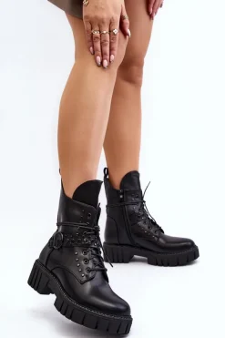 Discount Zdobione Botki Workery Damskie Czarne Vestara Damskie Botki Sznurowane|Czarne Botki