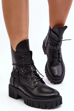 Discount Zdobione Botki Workery Damskie Czarne Vestara Damskie Botki Sznurowane|Czarne Botki