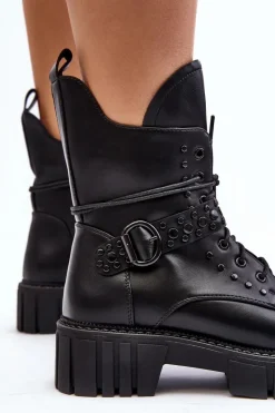 Discount Zdobione Botki Workery Damskie Czarne Vestara Damskie Botki Sznurowane|Czarne Botki