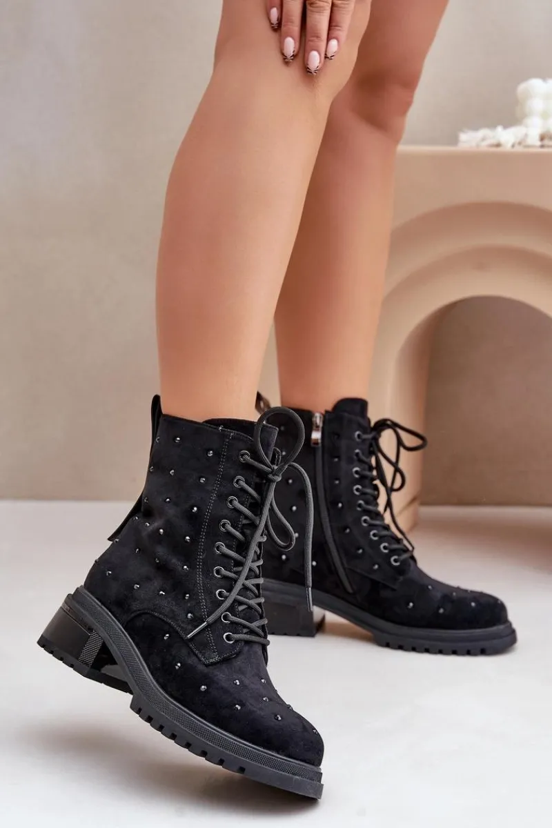 Sale Damskie buty S.Barski Zdobione Botki Workery Damskie Ocieplane D&A MR880-017 Czarne Czarny