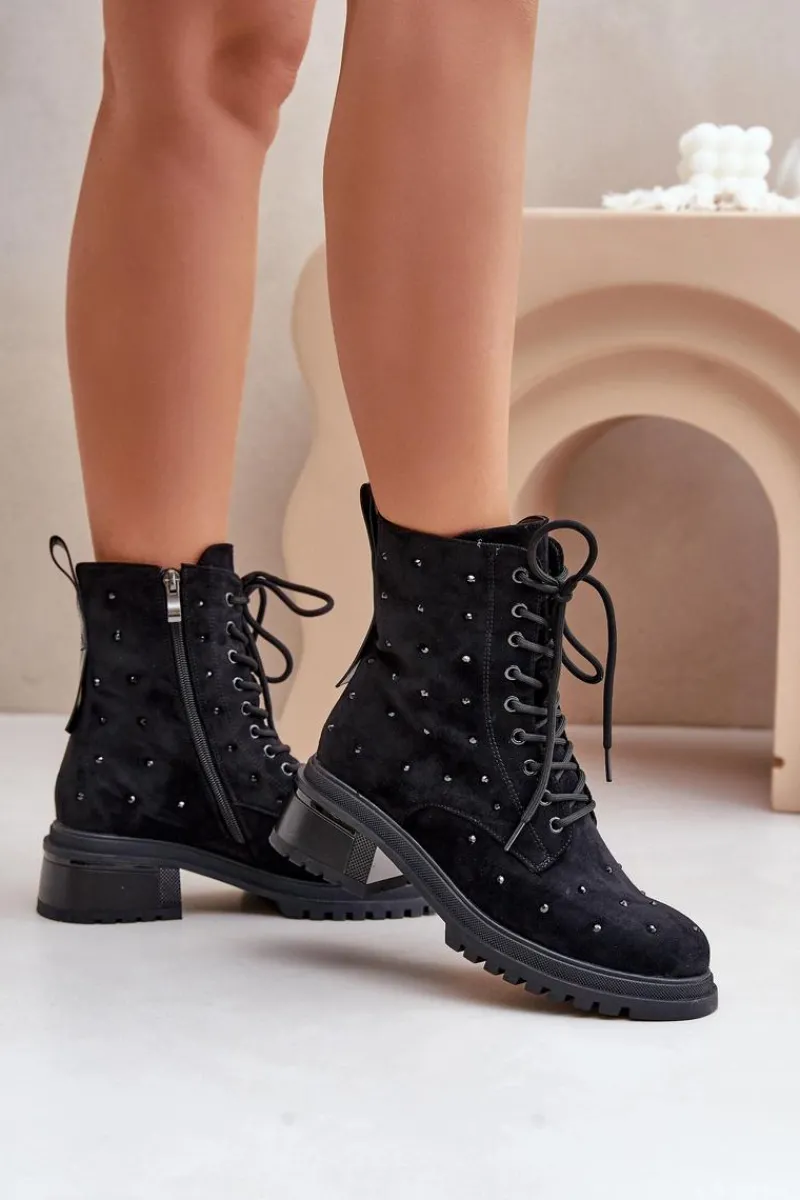 Sale Damskie buty S.Barski Zdobione Botki Workery Damskie Ocieplane D&A MR880-017 Czarne Czarny