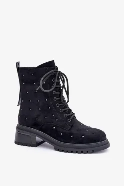 Sale Damskie buty S.Barski Zdobione Botki Workery Damskie Ocieplane D&A MR880-017 Czarne Czarny