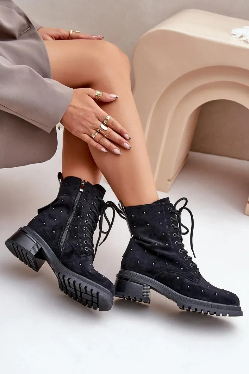 Sale Damskie buty S.Barski Zdobione Botki Workery Damskie Ocieplane D&A MR880-017 Czarne Czarny