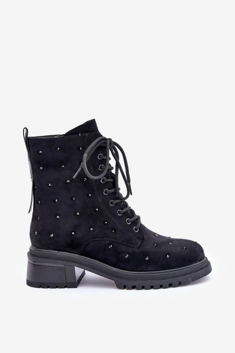 Sale Damskie buty S.Barski Zdobione Botki Workery Damskie Ocieplane D&A MR880-017 Czarne Czarny