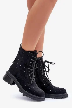 Sale Damskie buty S.Barski Zdobione Botki Workery Damskie Ocieplane D&A MR880-017 Czarne Czarny