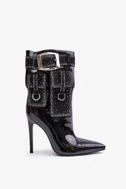Outlet Boto Zdobione Botki Z Lakierowanej Eko Skóry Na Szpilce Czarne Senorith