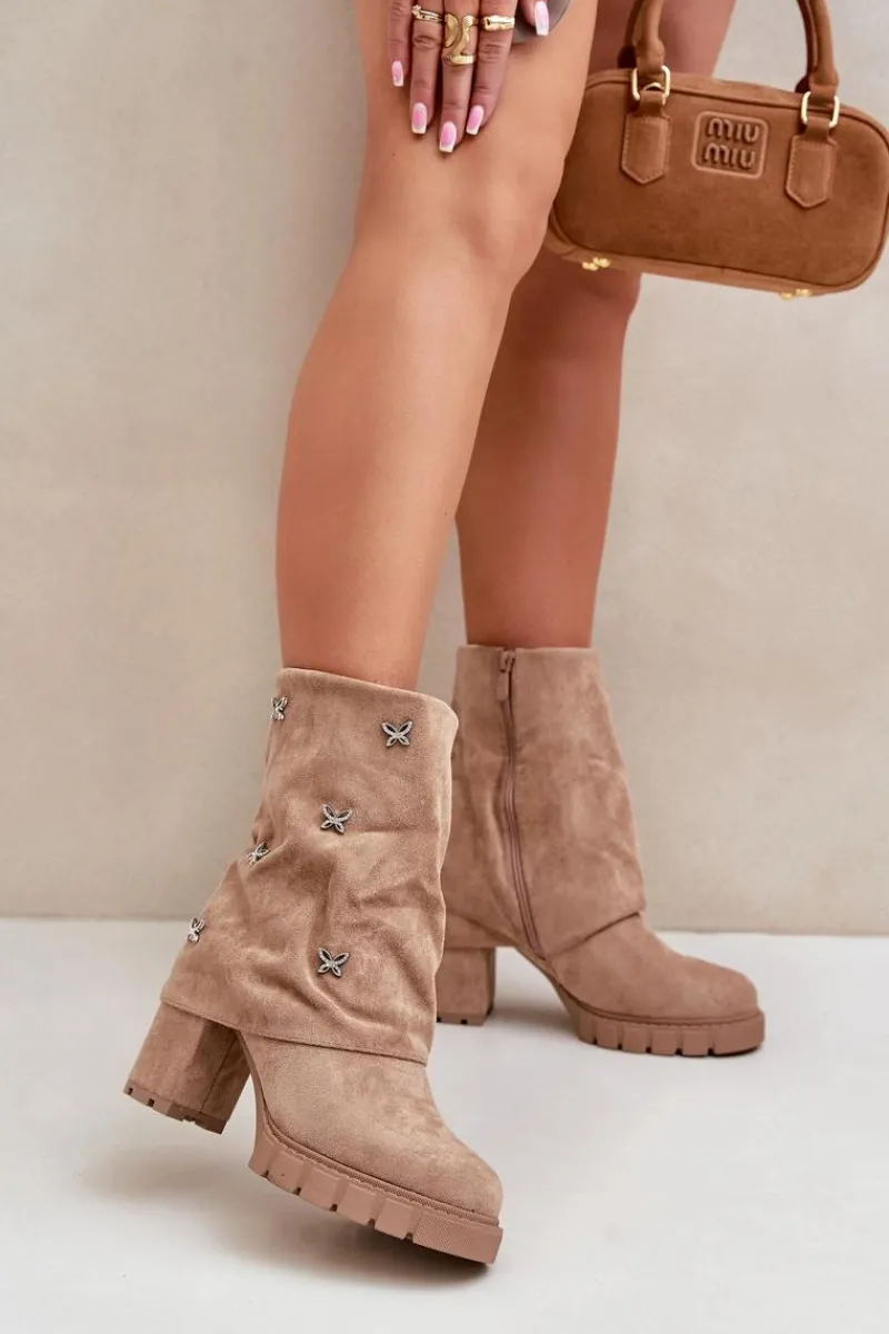 Zdobione Botki Z Wywiniętą Cholewką Na Słupku Beżowe Esadora Damskie Botki Ocieplane|Botki Na Słupku