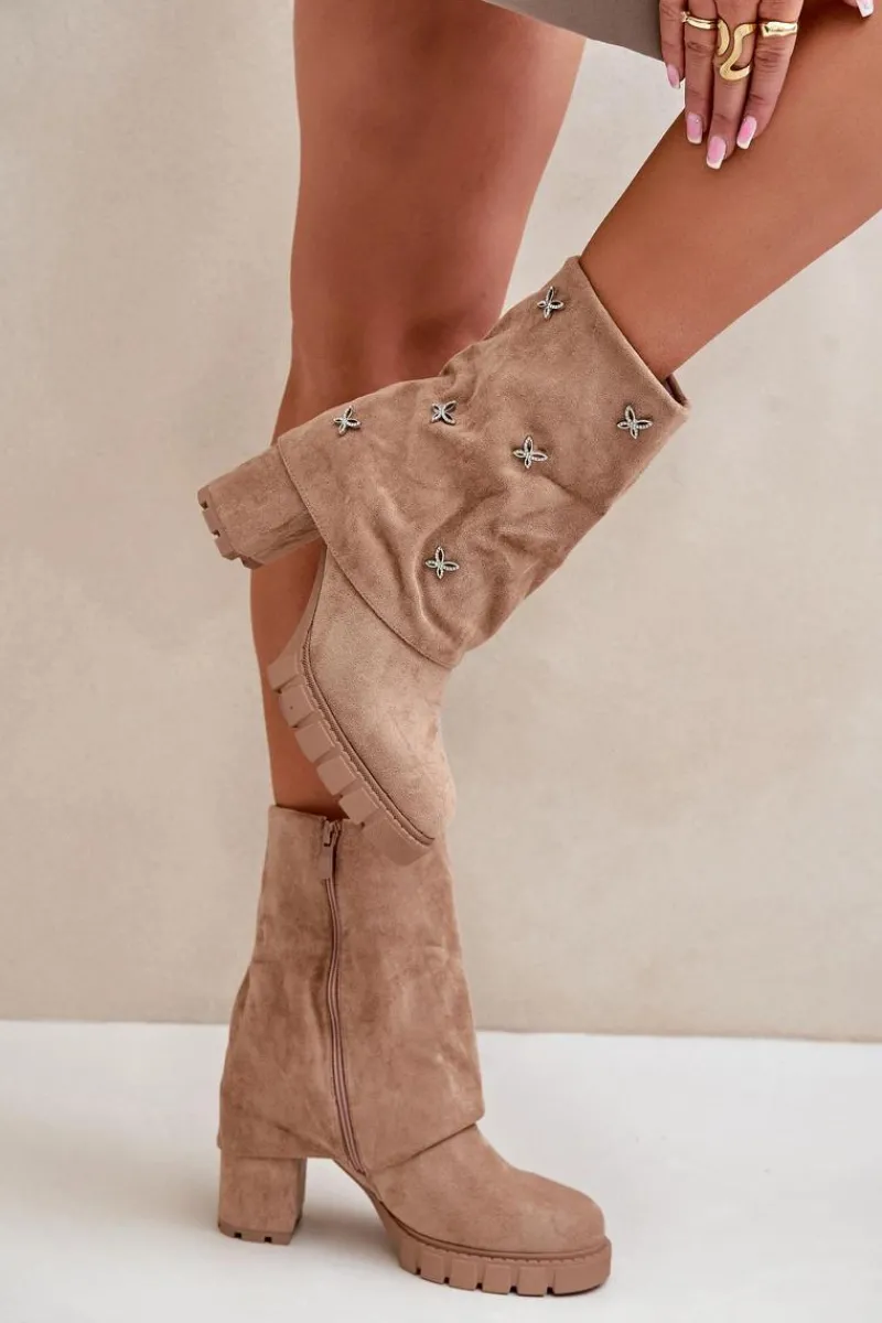 Zdobione Botki Z Wywiniętą Cholewką Na Słupku Beżowe Esadora Damskie Botki Ocieplane|Botki Na Słupku