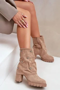 Zdobione Botki Z Wywiniętą Cholewką Na Słupku Beżowe Esadora Damskie Botki Ocieplane|Botki Na Słupku