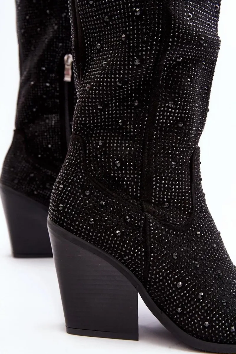 Kozaki Wiosenne|Kozaki Przed Kolano>Boto Zdobione Dżetami Kozaki Kowbojki Damskie Przed Kolano Czarne Poelstra