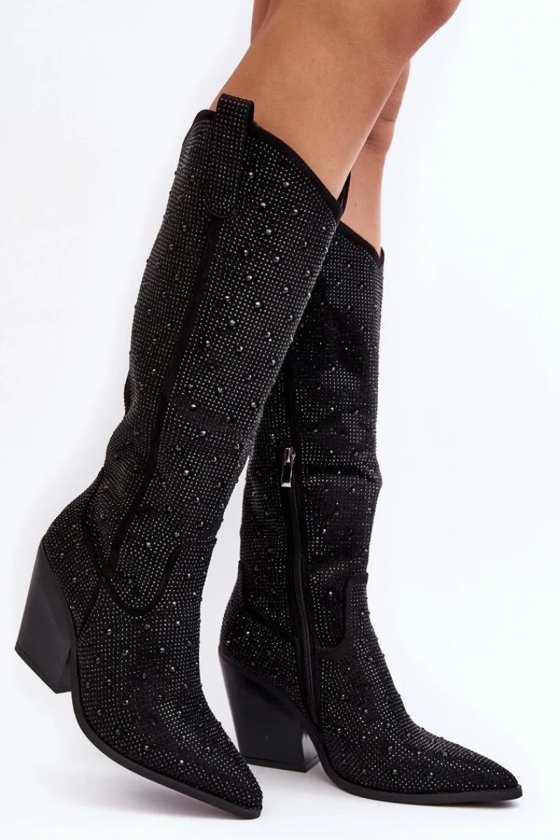 Kozaki Wiosenne|Kozaki Przed Kolano>Boto Zdobione Dżetami Kozaki Kowbojki Damskie Przed Kolano Czarne Poelstra