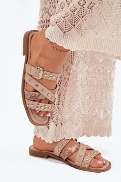 Boto Zdobione Klapki Damskie Na Płaskim Obcasie Z Paskami I Klamrą Beżowe Manitte Beżowy