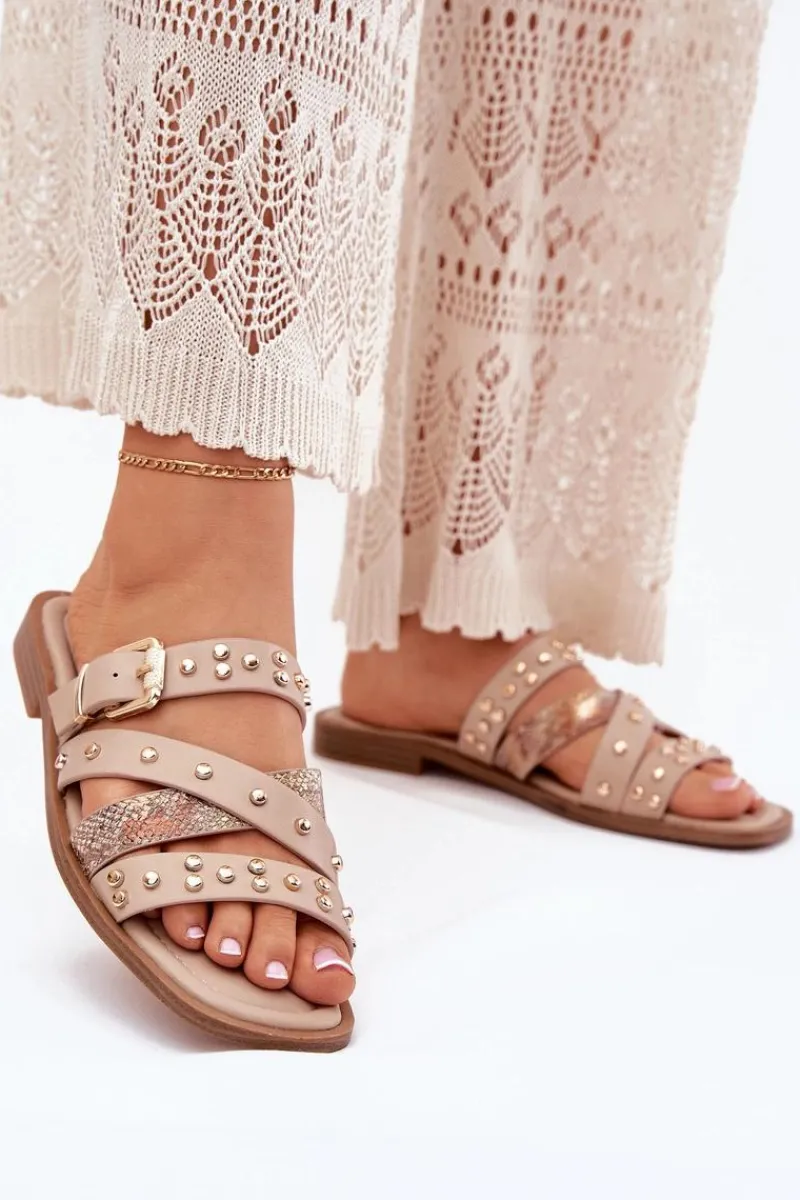 Boto Zdobione Klapki Damskie Na Płaskim Obcasie Z Paskami I Klamrą Beżowe Manitte Beżowy