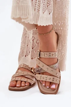 Boto Zdobione Klapki Damskie Na Płaskim Obcasie Z Paskami I Klamrą Beżowe Manitte Beżowy