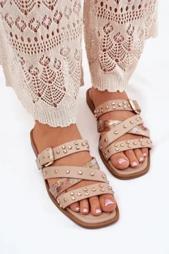 Boto Zdobione Klapki Damskie Na Płaskim Obcasie Z Paskami I Klamrą Beżowe Manitte Beżowy