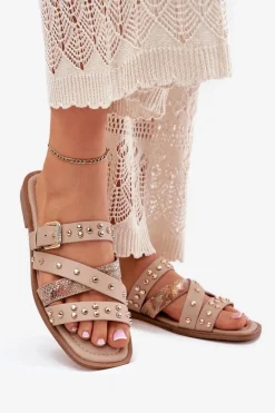 Boto Zdobione Klapki Damskie Na Płaskim Obcasie Z Paskami I Klamrą Beżowe Manitte Beżowy