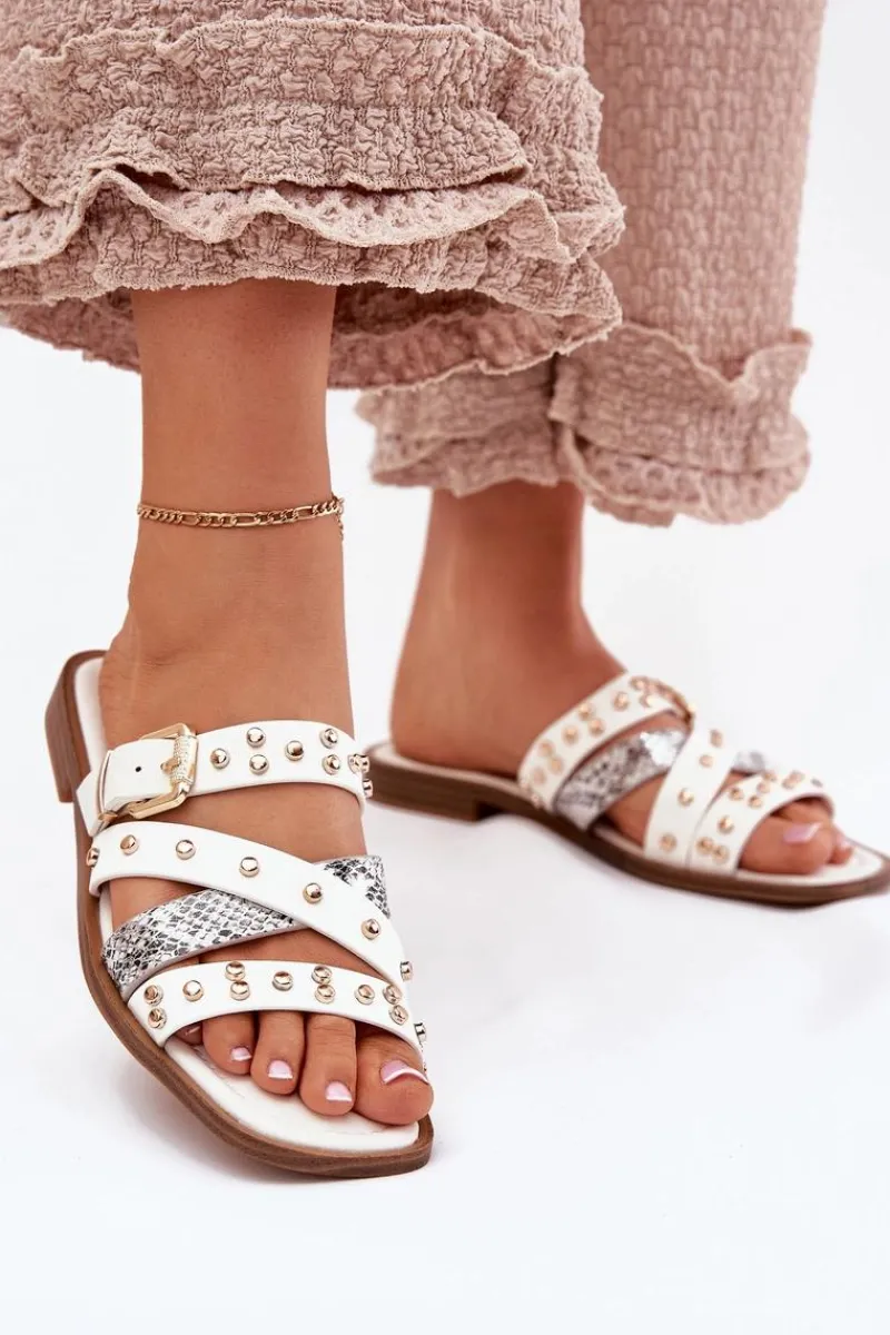 Best Zdobione Klapki Damskie Na Płaskim Obcasie Z Paskami I Klamrą Białe Manitte Damskie Klapki Damskie Klasyczne