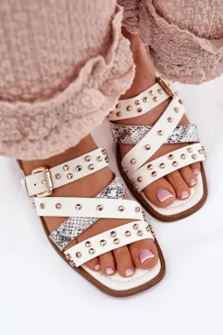 Best Zdobione Klapki Damskie Na Płaskim Obcasie Z Paskami I Klamrą Białe Manitte Damskie Klapki Damskie Klasyczne