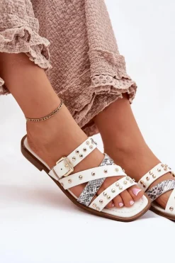 Best Zdobione Klapki Damskie Na Płaskim Obcasie Z Paskami I Klamrą Białe Manitte Damskie Klapki Damskie Klasyczne