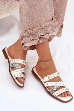 Best Zdobione Klapki Damskie Na Płaskim Obcasie Z Paskami I Klamrą Białe Manitte Damskie Klapki Damskie Klasyczne