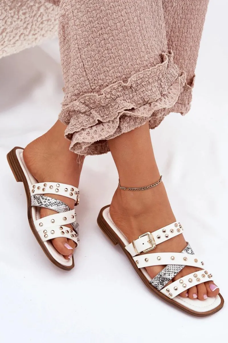 Best Zdobione Klapki Damskie Na Płaskim Obcasie Z Paskami I Klamrą Białe Manitte Damskie Klapki Damskie Klasyczne