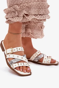 Best Zdobione Klapki Damskie Na Płaskim Obcasie Z Paskami I Klamrą Białe Manitte Damskie Klapki Damskie Klasyczne