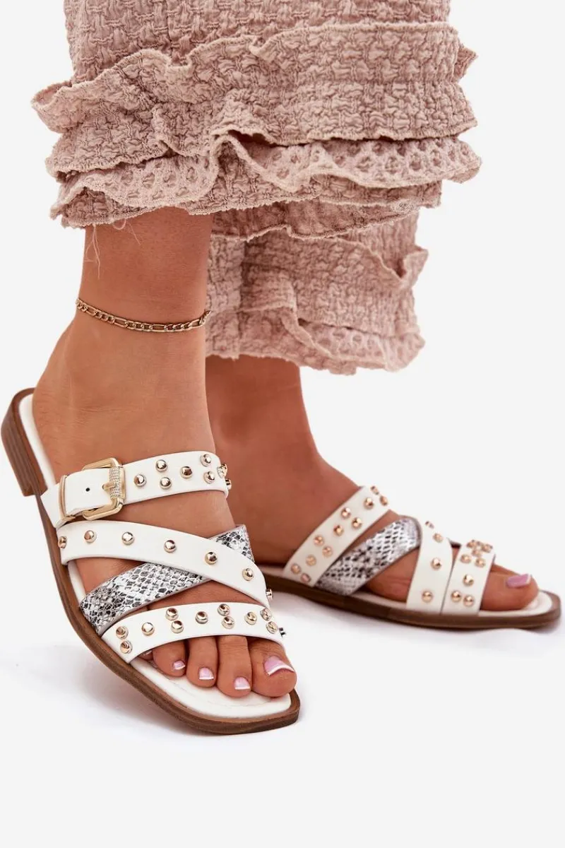 Best Zdobione Klapki Damskie Na Płaskim Obcasie Z Paskami I Klamrą Białe Manitte Damskie Klapki Damskie Klasyczne