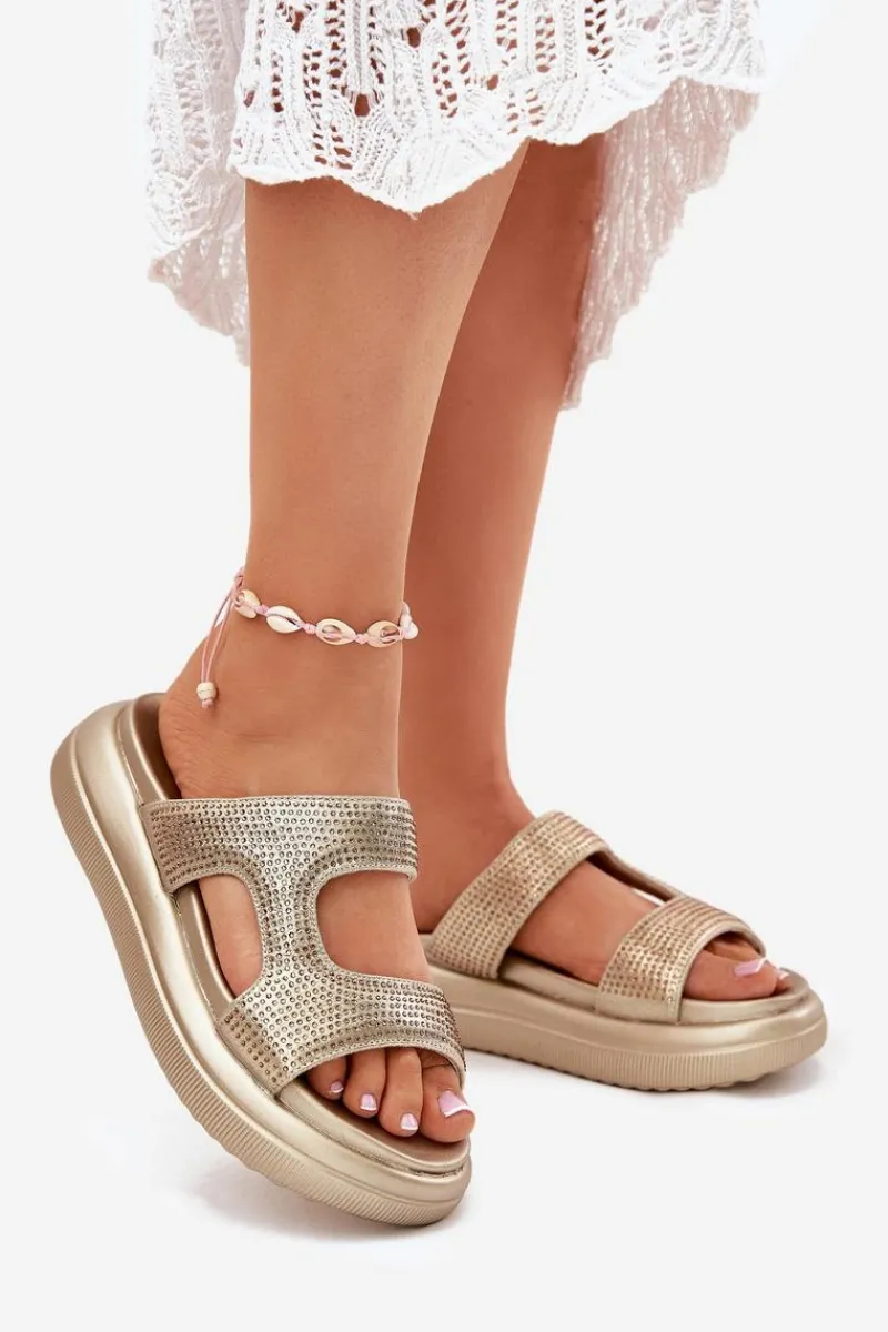 Best Zdobione Klapki Damskie Na Platformie Złote Jestella Damskie Klapki Damskie Klasyczne