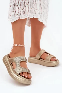 Best Zdobione Klapki Damskie Na Platformie Złote Jestella Damskie Klapki Damskie Klasyczne