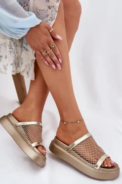 Online Zdobione Klapki Damskie Na Platformie Z Siateczką S.Barski MY51-016 Złote Damskie Klapki Na Platformie|Klapki Damskie Klasyczne
