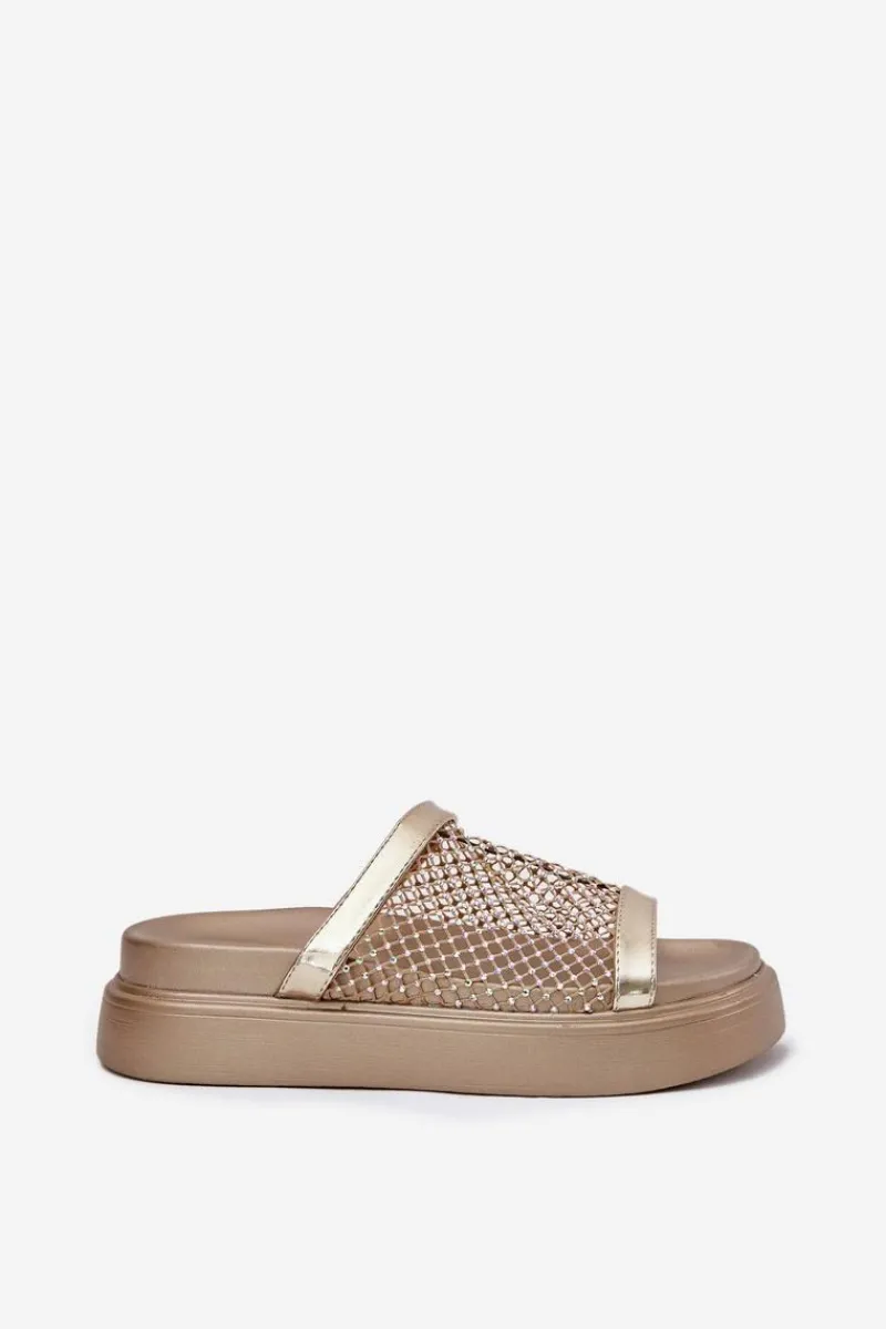 Online Zdobione Klapki Damskie Na Platformie Z Siateczką S.Barski MY51-016 Złote Damskie Klapki Na Platformie|Klapki Damskie Klasyczne