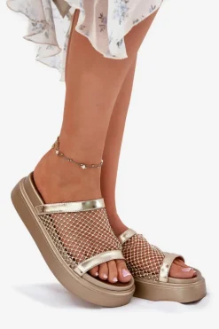 Online Zdobione Klapki Damskie Na Platformie Z Siateczką S.Barski MY51-016 Złote Damskie Klapki Na Platformie|Klapki Damskie Klasyczne