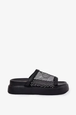 Sale Damskie buty S.Barski Zdobione Klapki Damskie Na Platformie Z Siateczką S.Barski MY51-016 Czarne