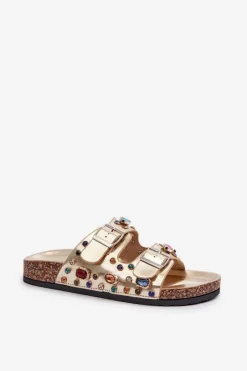 Hot Zdobione Klapki Damskie Z Klamrami S.Barski MY121 Złote Damskie Klapki Korkowe|Klapki Na Platformie