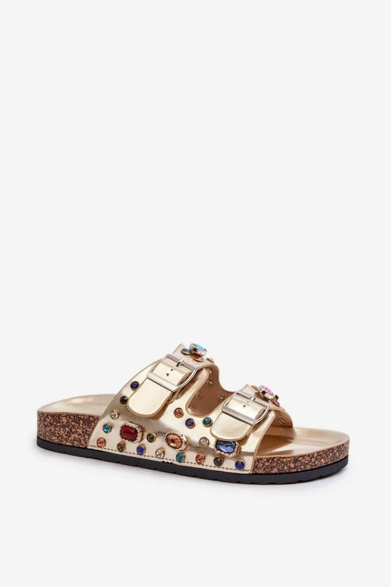 Hot Zdobione Klapki Damskie Z Klamrami S.Barski MY121 Złote Damskie Klapki Korkowe|Klapki Na Platformie