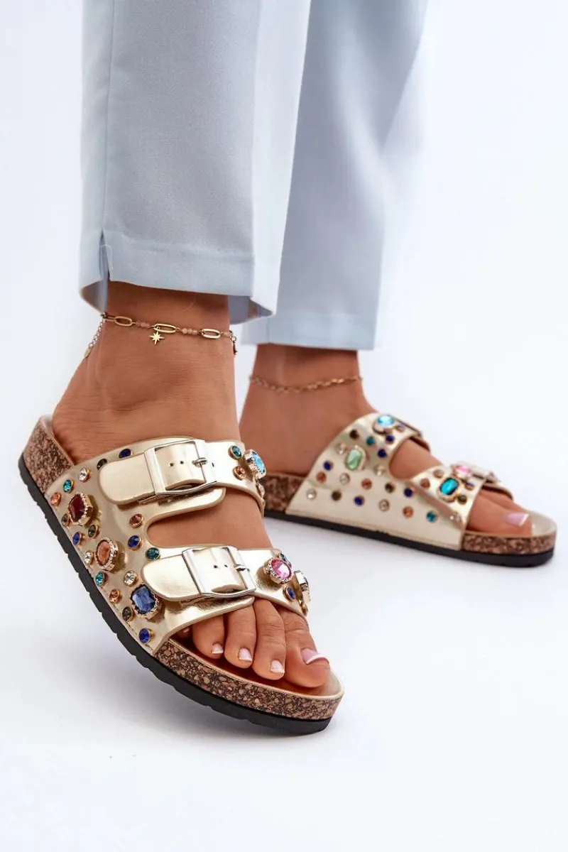 Hot Zdobione Klapki Damskie Z Klamrami S.Barski MY121 Złote Damskie Klapki Korkowe|Klapki Na Platformie