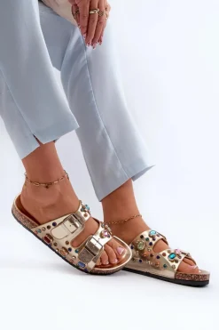 Hot Zdobione Klapki Damskie Z Klamrami S.Barski MY121 Złote Damskie Klapki Korkowe|Klapki Na Platformie