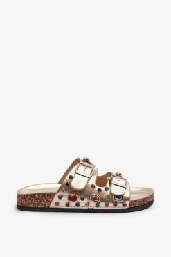 Hot Zdobione Klapki Damskie Z Klamrami S.Barski MY121 Złote Damskie Klapki Korkowe|Klapki Na Platformie